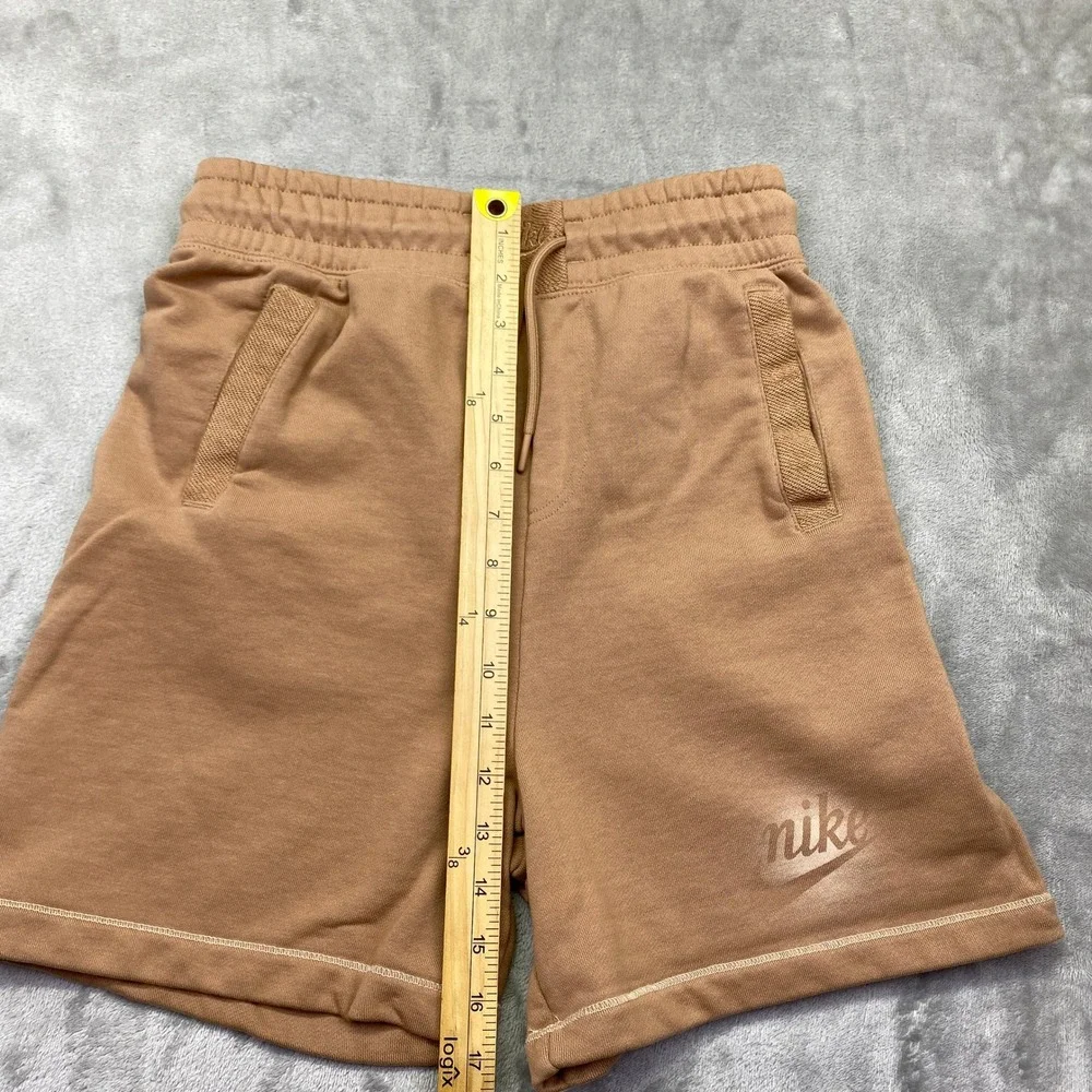 Nike Sportswear French Terry Shorts Tan Brown Logo Drawstring‎ Waist XS Fits 25